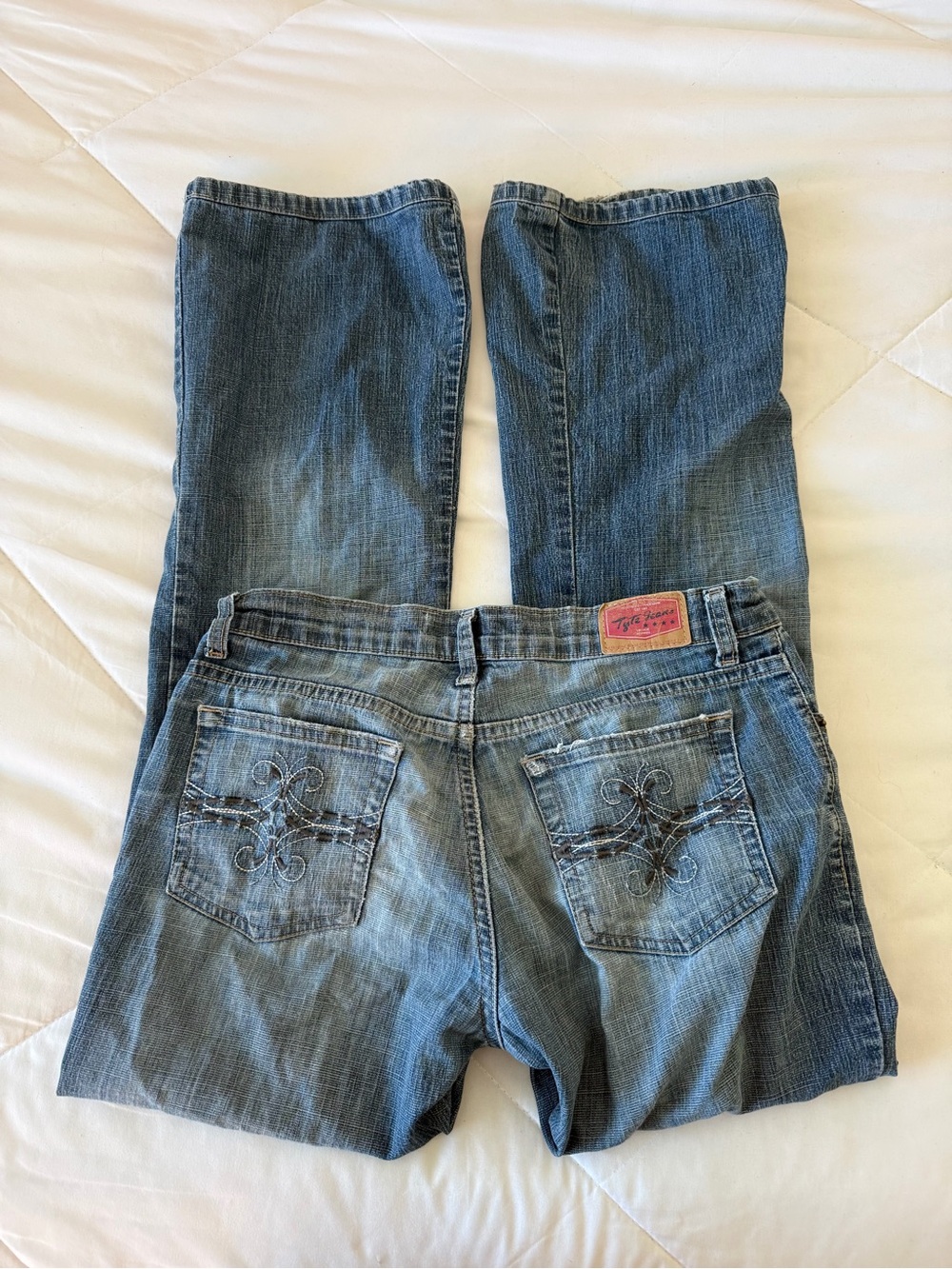 y2k Tyte Jeans Women's Low Rise Bootcut Blue Denim with Embroidered Back Pockets